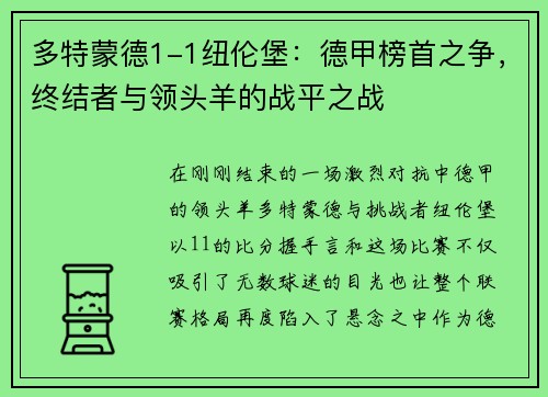多特蒙德1-1纽伦堡：德甲榜首之争，终结者与领头羊的战平之战