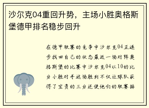 沙尔克04重回升势，主场小胜奥格斯堡德甲排名稳步回升